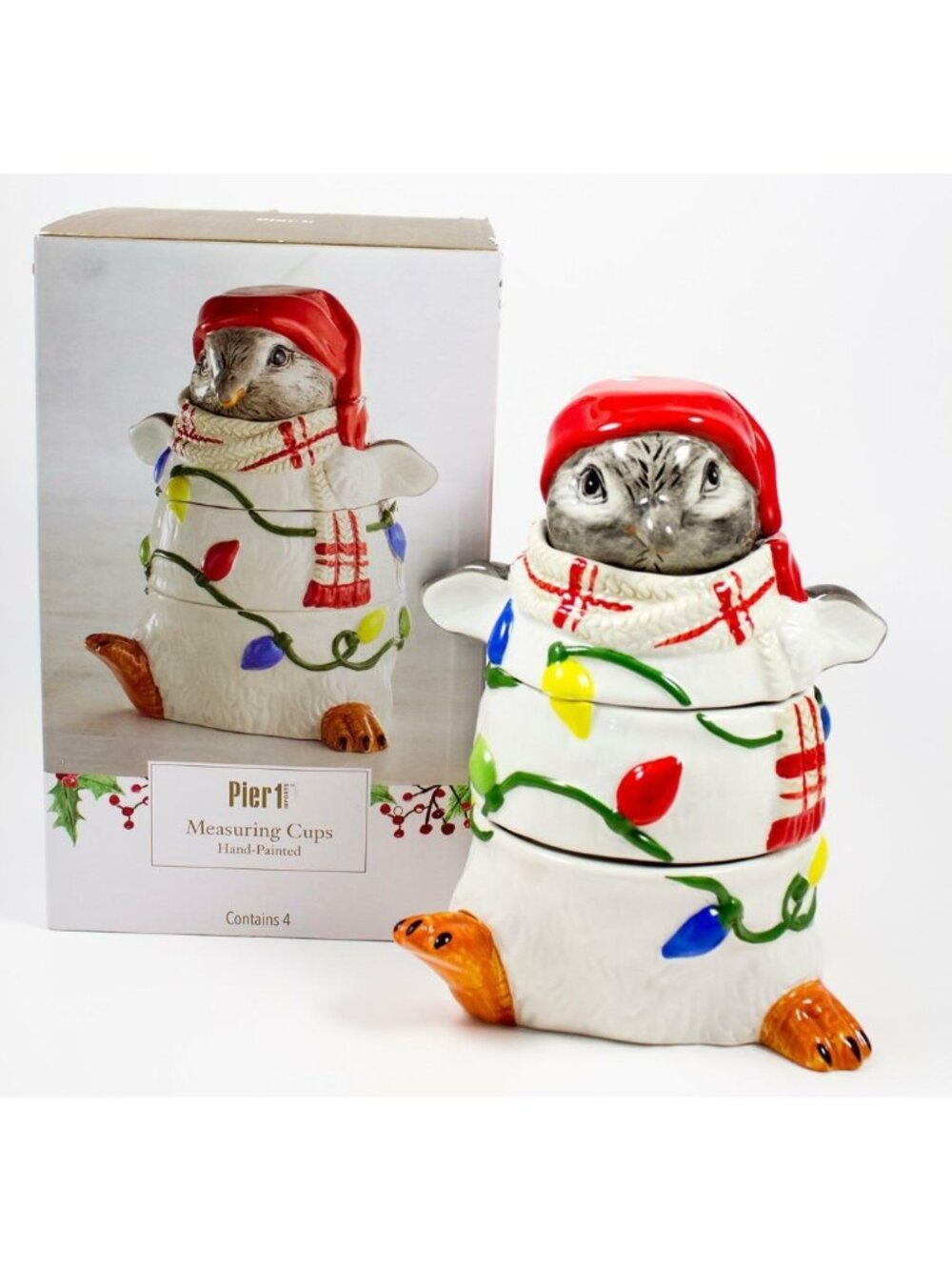 Pier 1 Imports Ceramic Stacking Measuring Cups Christmas Penguin 7 3/4" Tall NIB
